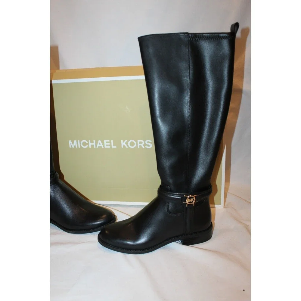 $375 Michael Kors Women's Mindy Flat Leather Tall Black Boots 5 W